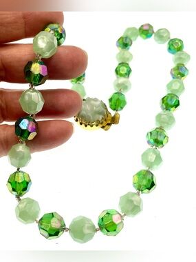 Vintage Made in Austria Green Acrylic Bead Necklace 22” AB Aurora Borealis